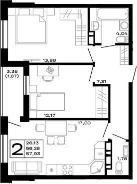 Планировка — Горные высоты, 2-комн., 56 м²