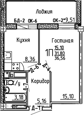 Планировка — Маяк+, 1-комн., 32 м²
