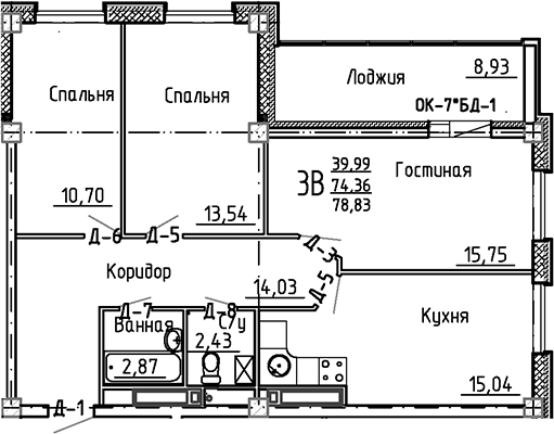 Планировка — Маяк+, 3-комн., 74 м²