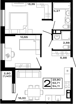 Планировка — Горные высоты, 2-комн., 53 м²