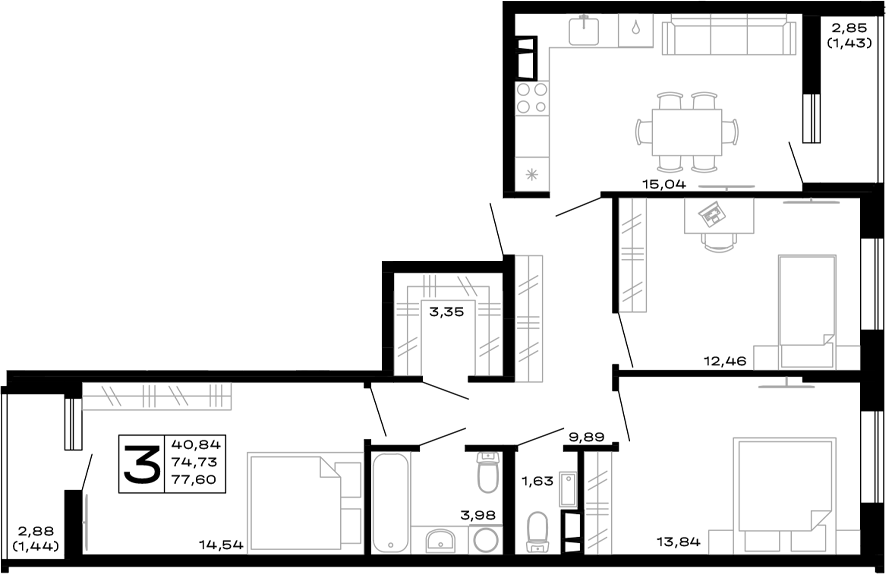 Планировка — Горные высоты, 3-комн., 75 м²