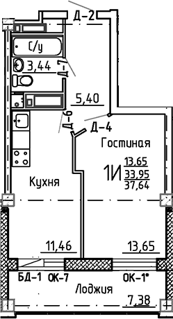 Планировка — Маяк+, 1-комн., 34 м²