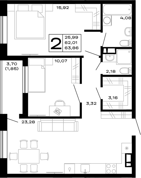 Планировка — Горные высоты, 2-комн., 62 м²