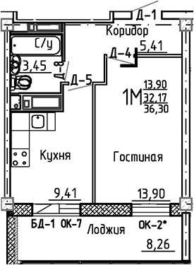 Планировка — Маяк+, 1-комн., 32 м²