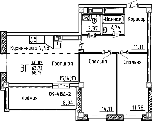 Планировка — Маяк+, 3-комн., 64 м²