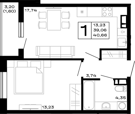 Планировка — Горные высоты, 1-комн., 39 м²