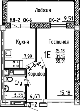 Планировка — Маяк+, 1-комн., 31 м²