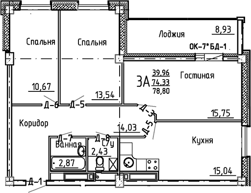 Планировка — Маяк+, 3-комн., 74 м²