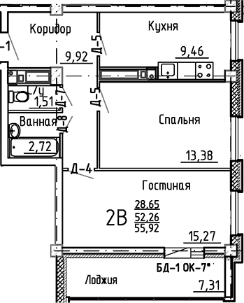 Планировка — Маяк+, 2-комн., 52 м²