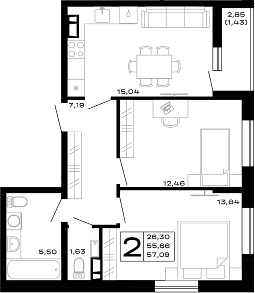Планировка — Горные высоты, 2-комн., 56 м²