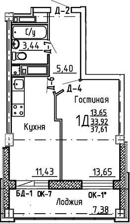 Планировка — Маяк+, 1-комн., 34 м²