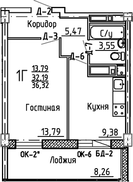 Планировка — Маяк+, 1-комн., 32 м²