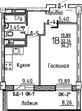 Планировка — Маяк+, 1-комн., 32 м²