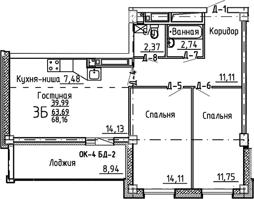 Планировка — Маяк+, 3-комн., 64 м²