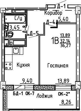 Планировка — Маяк+, 1-комн., 32 м²