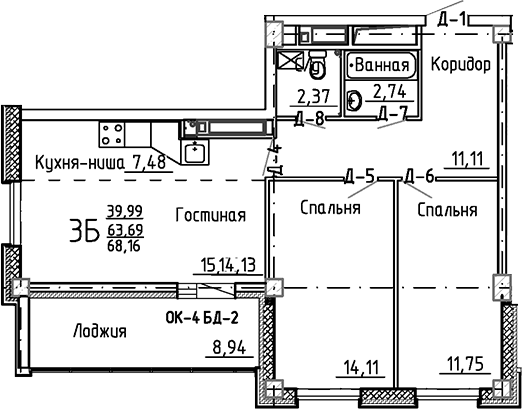 Планировка — Маяк+, 3-комн., 64 м²