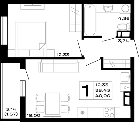 Планировка — Горные высоты, 1-комн., 38 м²