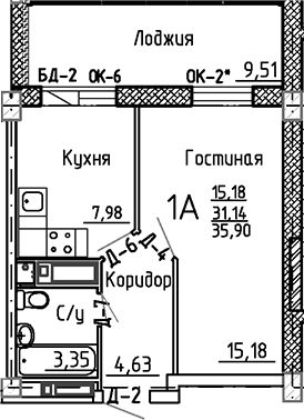 Планировка — Маяк+, 1-комн., 31 м²