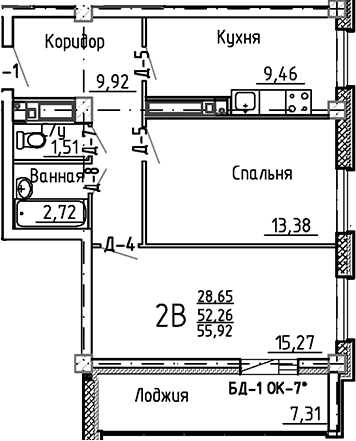 Планировка — Маяк+, 2-комн., 52 м²
