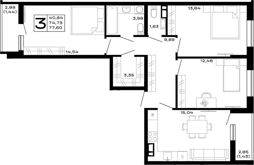 Планировка — Горные высоты, 3-комн., 75 м²