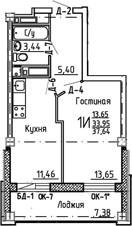 Планировка — Маяк+, 1-комн., 34 м²