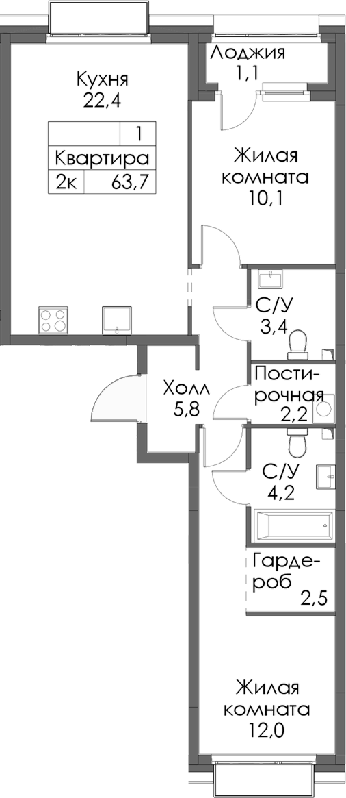 Планировка — Сиберово, 2-комн., 63 м²