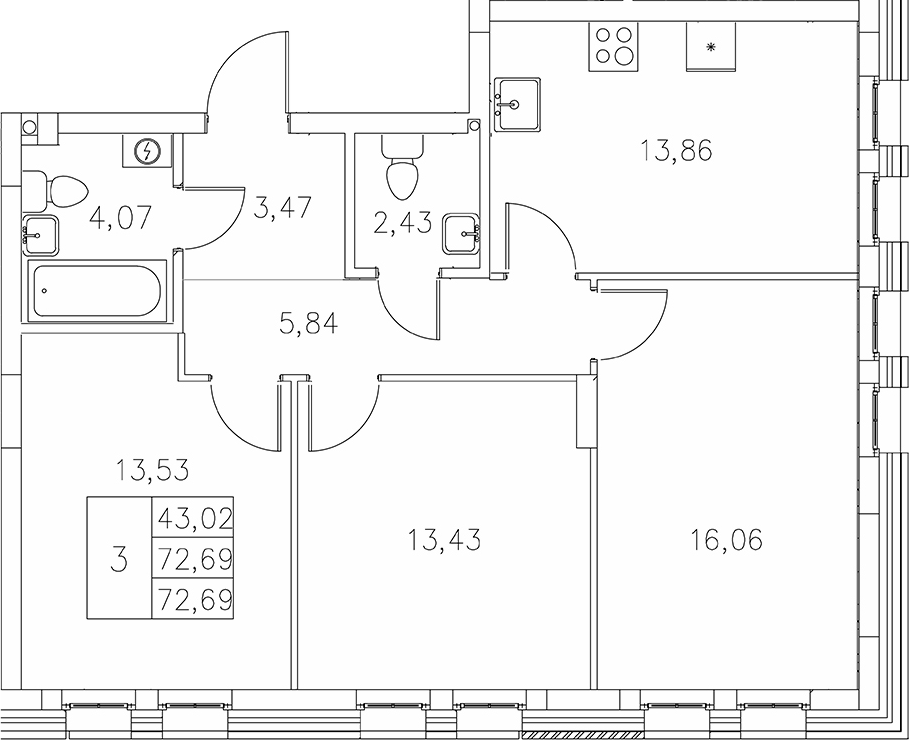 Планировка — Statum, 3-комн., 73 м²
