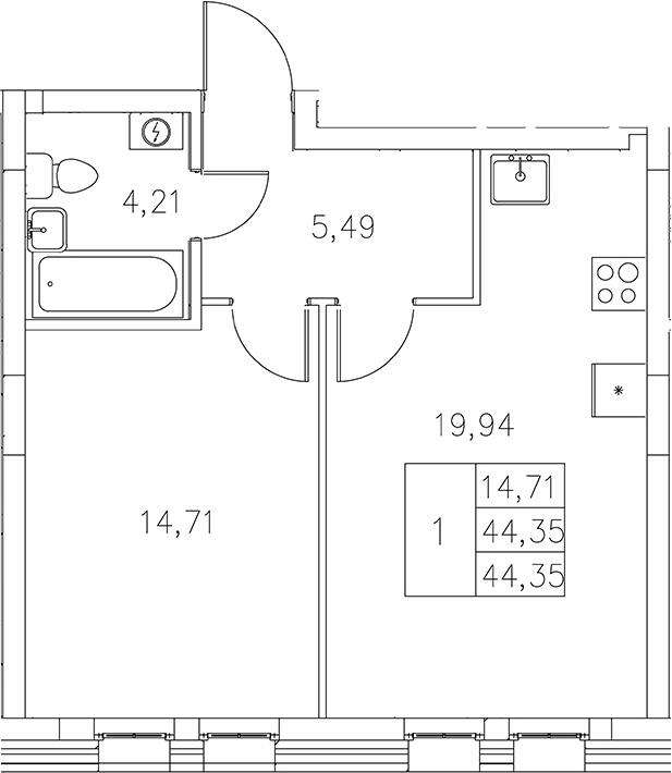 Планировка — Statum, 1-комн., 44 м²