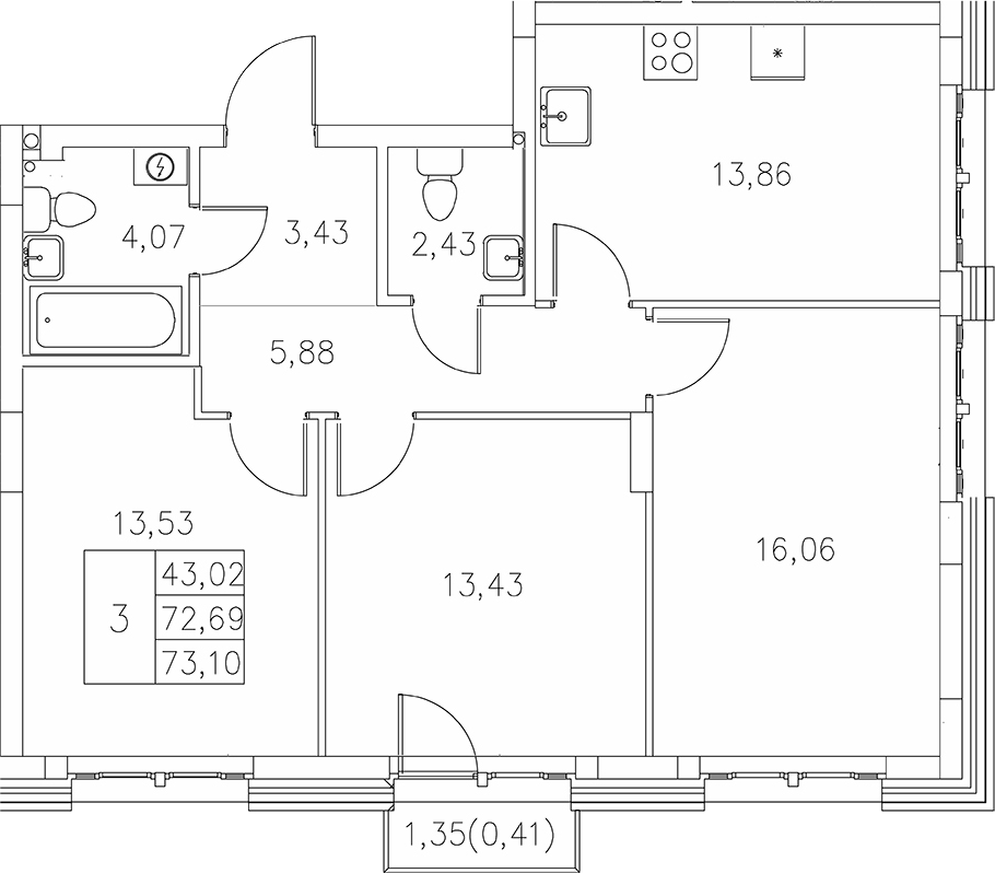 Планировка — Statum, 3-комн., 73 м²