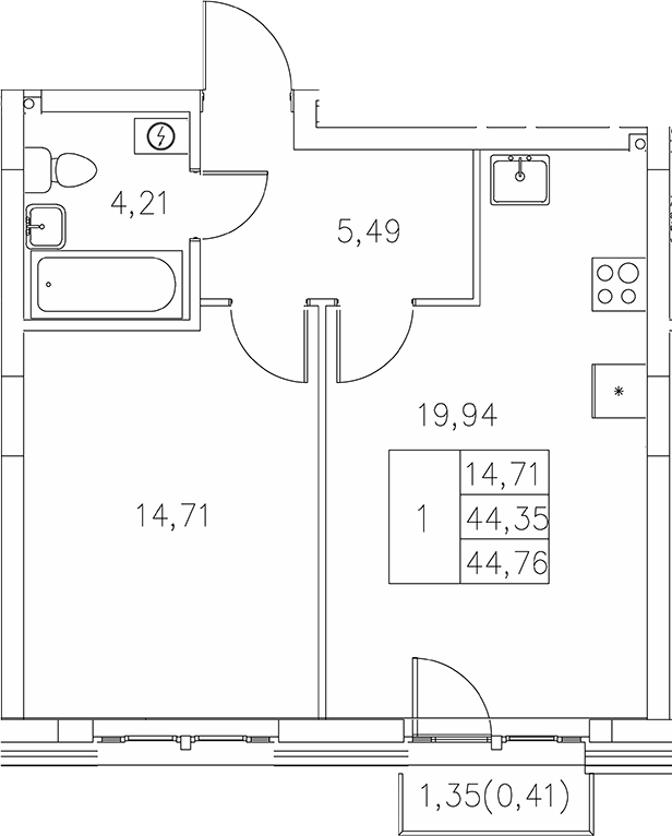 Планировка — Statum, 1-комн., 44 м²
