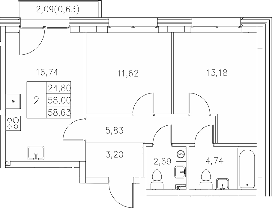 Планировка — Statum, 2-комн., 58 м²