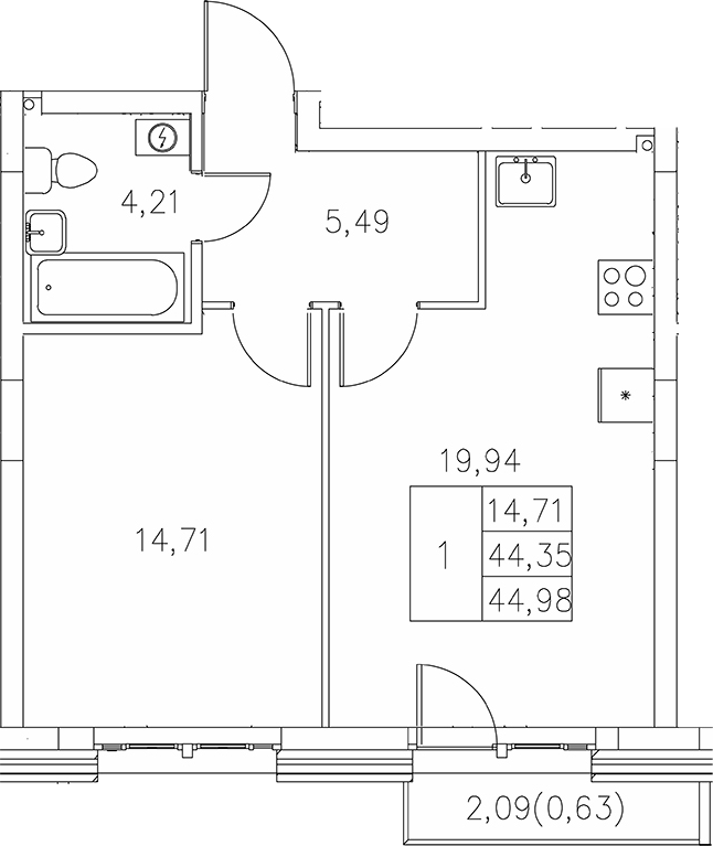 Планировка — Statum, 1-комн., 44 м²