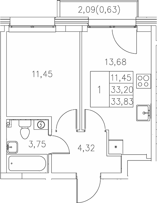 Планировка — Statum, 1-комн., 33 м²