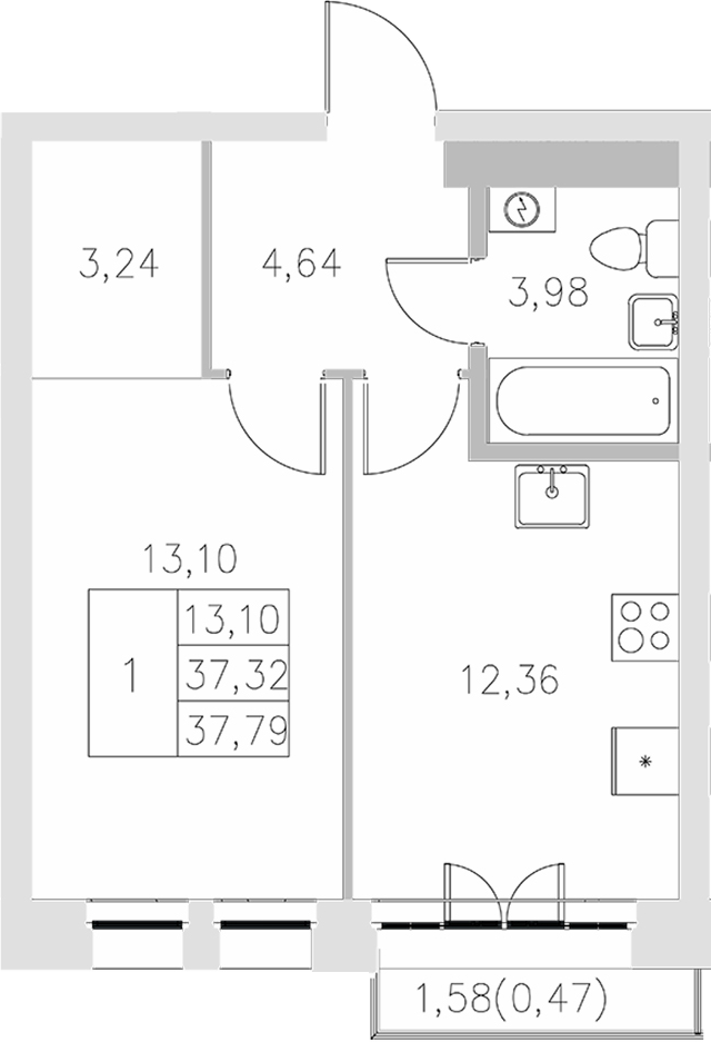 Планировка — Statum, 1-комн., 37 м²