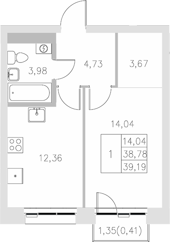 Планировка — Statum, 1-комн., 39 м²