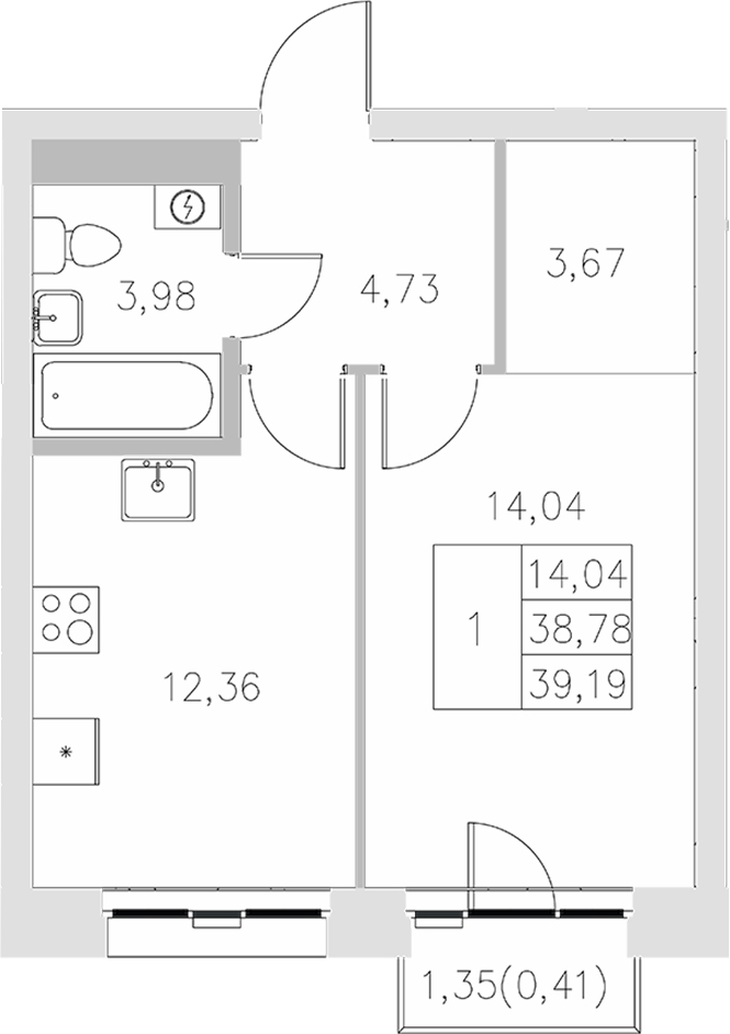 Планировка — Statum, 1-комн., 39 м²