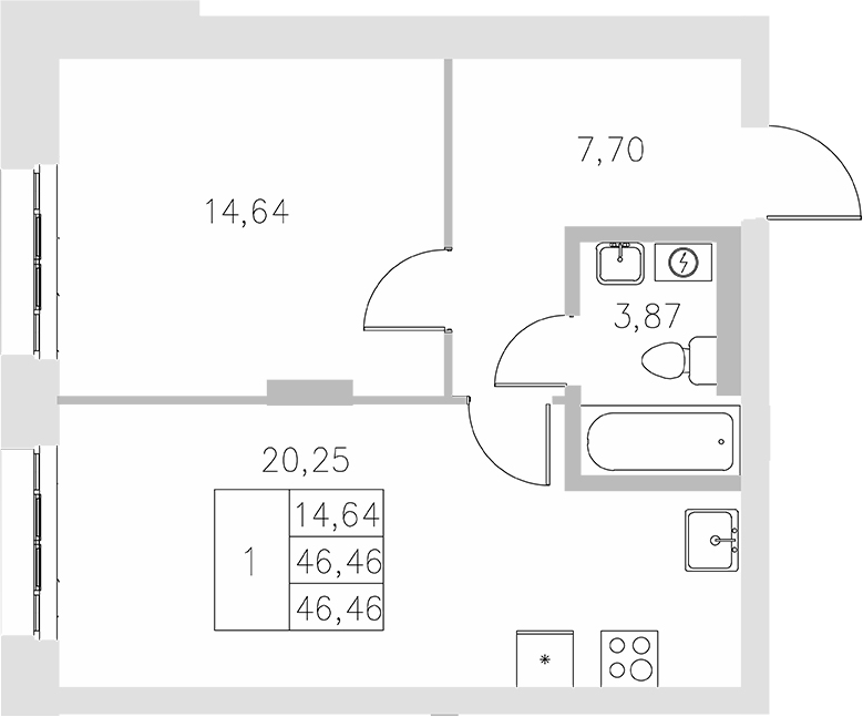 Планировка — Statum, 1-комн., 46 м²