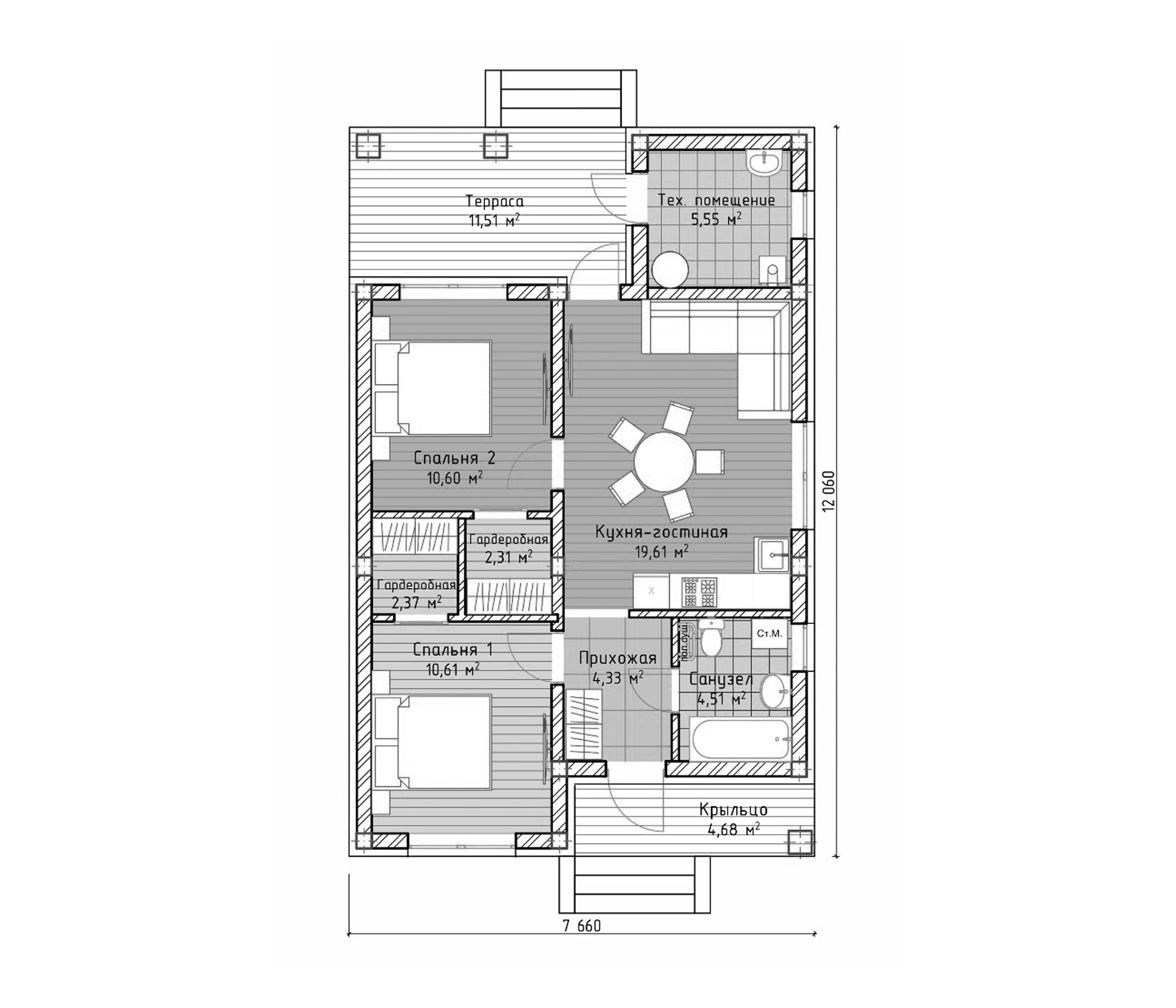 Планировка — Коттеджный поселок Гефест, 2-комн., 63 м²