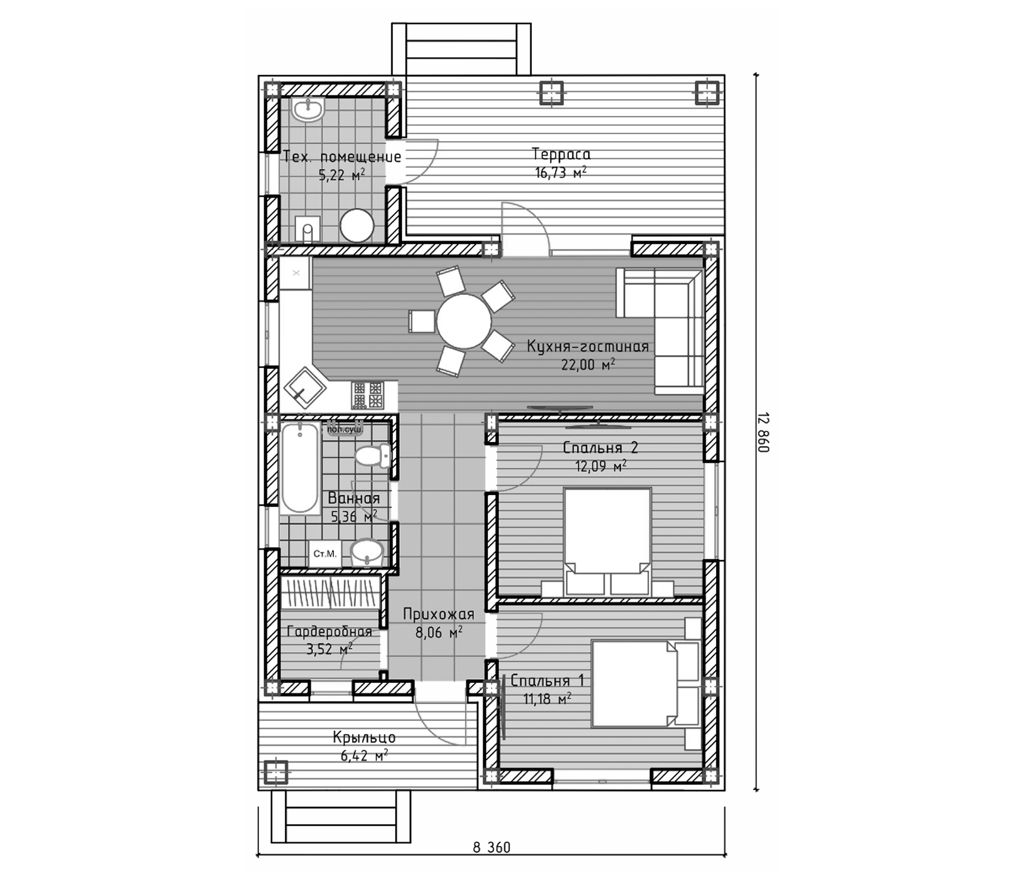 Планировка — Коттеджный поселок Гефест, 2-комн., 74 м²