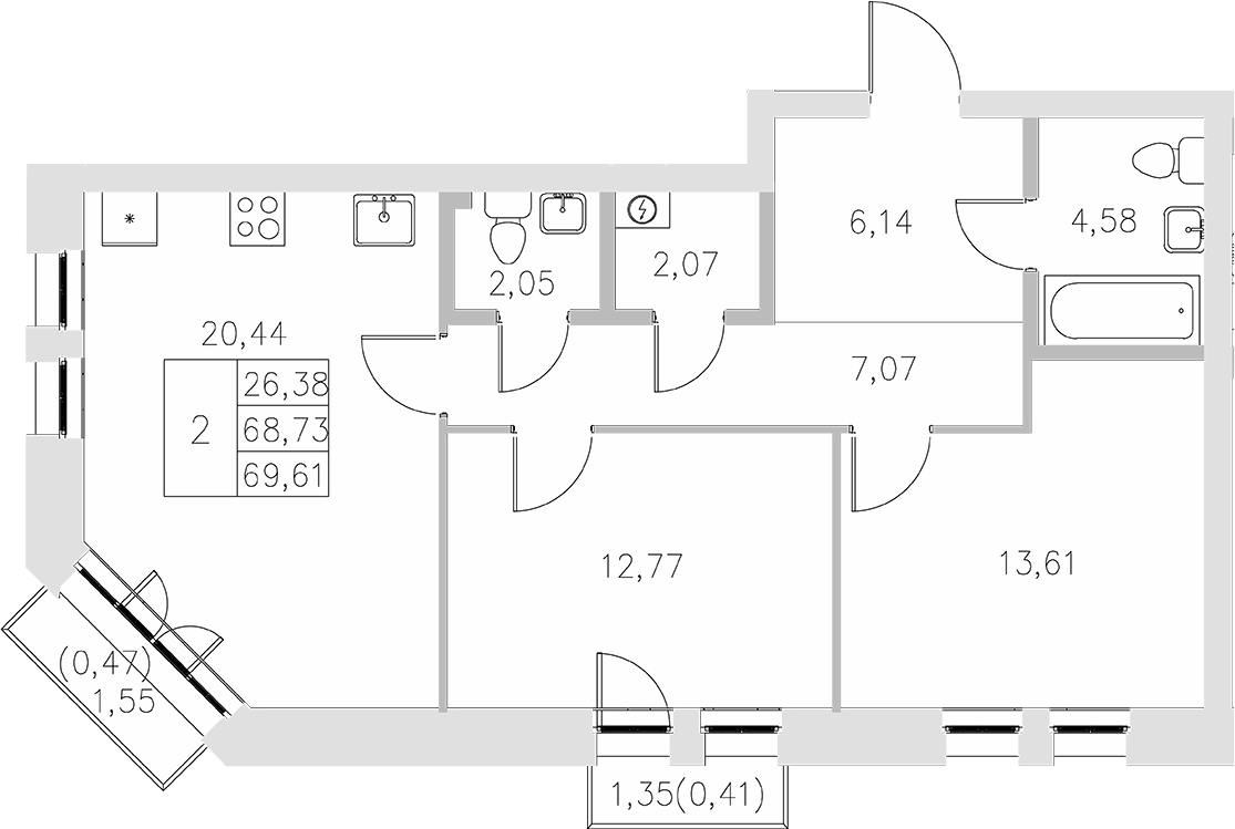 Планировка — Statum, 2-комн., 69 м²