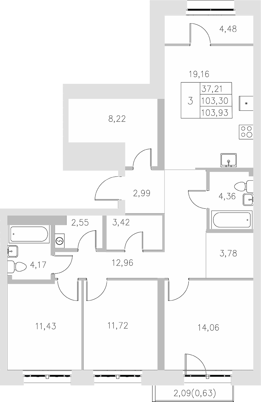 Планировка — Statum, 3-комн., 103 м²