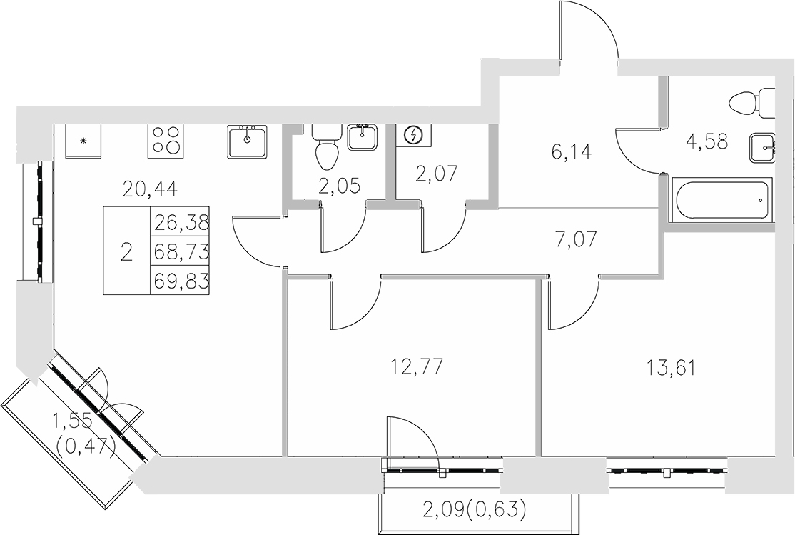 Планировка — Statum, 2-комн., 69 м²