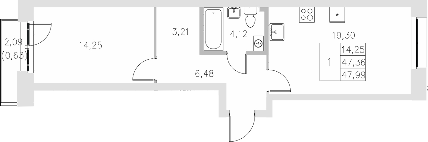 Планировка — Statum, 1-комн., 47 м²