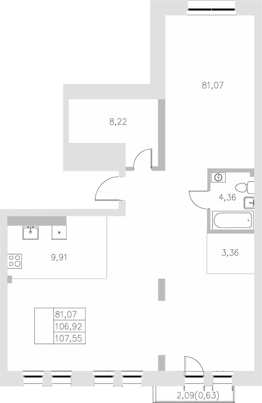 Планировка — Statum, 1-комн., 107 м²