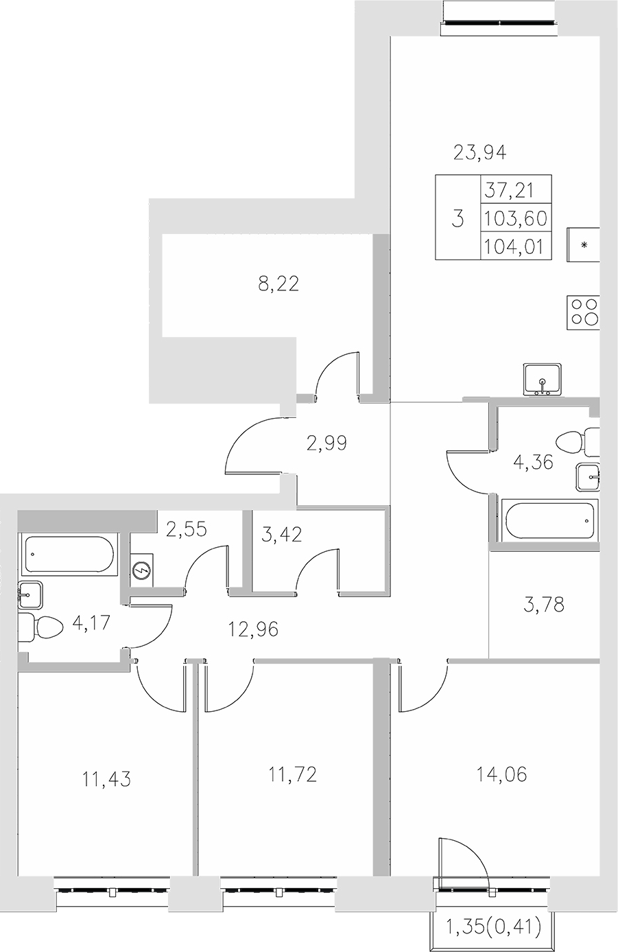 Планировка — Statum, 3-комн., 104 м²