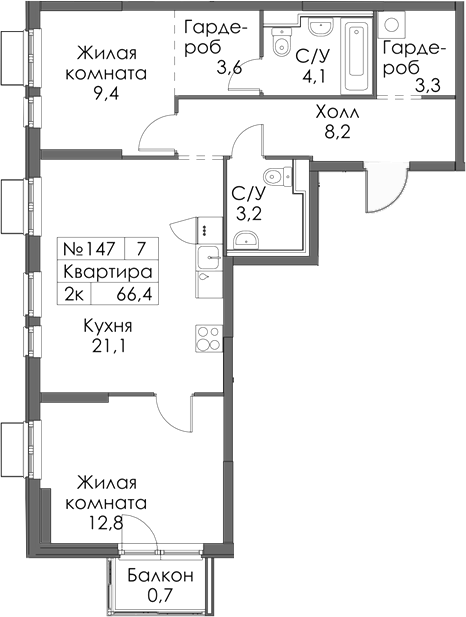 Планировка — Матюшино парк, 2-комн., 66 м²