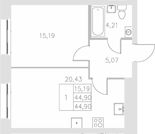 Планировка — Statum, 1-комн., 45 м²