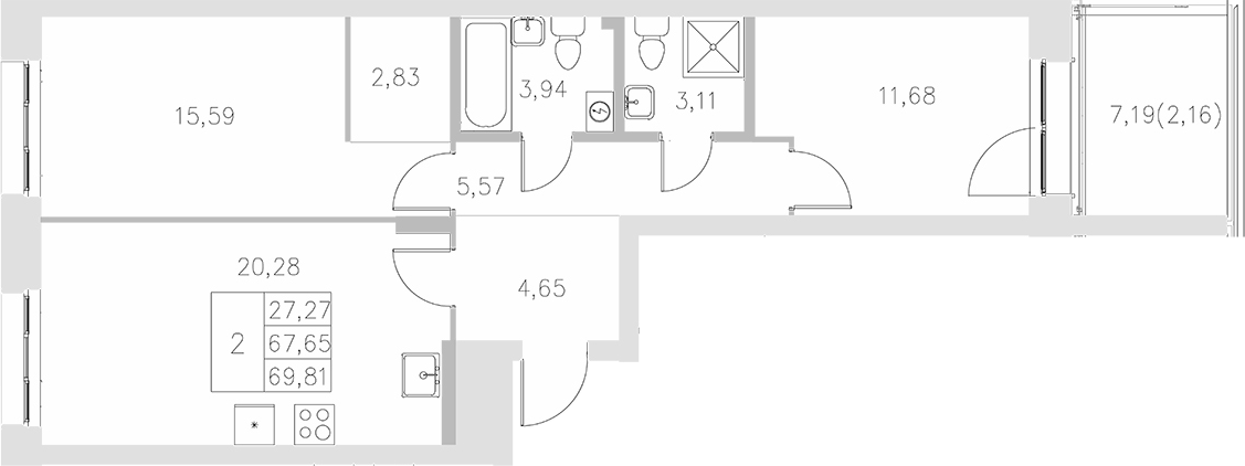 Планировка — Statum, 2-комн., 68 м²