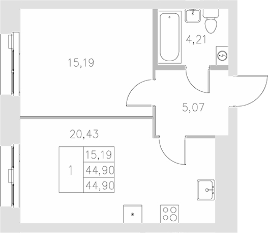 Планировка — Statum, 1-комн., 45 м²