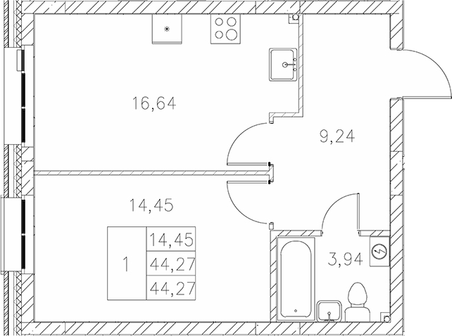 Планировка — Statum, 1-комн., 44 м²